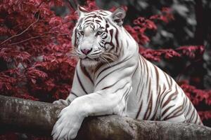 branco tigre sentado em a vermelho flores árvore generativo ai foto