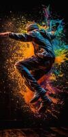 uma homem pulando para dentro uma pintura splat trippy colorida em Preto fundo generativo ai foto