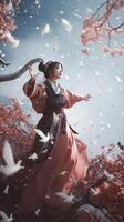 imagem do uma chinês lindo menina e neve pétalas vôo dentro a céu generativo ai foto
