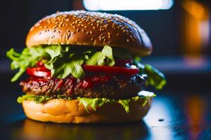 fechar-se do saboroso Hamburger com queijo e legumes em Preto fundo. generativo ai foto