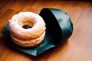 delicioso caseiro rosquinhas em a mesa. saboroso rosquinhas em uma de madeira fundo, doce Comida. generativo ai foto