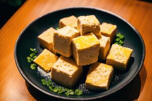 tofu com doce e azedo molho dentro uma prato em de madeira mesa. generativo ai foto