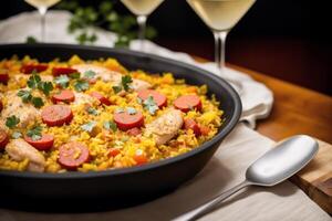 paella, tradicional espanhol prato fez com arroz, frango e vegetais, servido dentro uma frigideira. paella com frutos do mar. espanhol cozinha. generativo ai foto