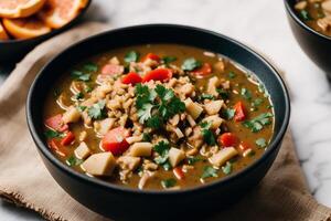 Curry com frango e legumes dentro uma tigela em uma de madeira mesa. quiabo. vegetal sopa. frutos do mar sopa generativo ai foto