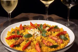 paella, tradicional espanhol prato fez com arroz, frango e vegetais, servido dentro uma frigideira. paella com frutos do mar. espanhol cozinha. generativo ai foto