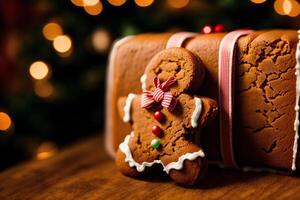 Natal Pão de gengibre biscoitos com gelo açúcar em a fundo do a Natal árvore. Pão de gengibre cara. generativo ai foto