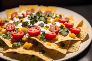 tradicional mexicano tacos com carne bovina, tomate, cebola e salsa. mexicano nachos generativo ai foto