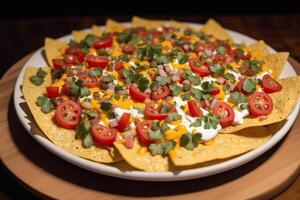 tradicional mexicano tacos com carne bovina, tomate, cebola e salsa. mexicano nachos generativo ai foto