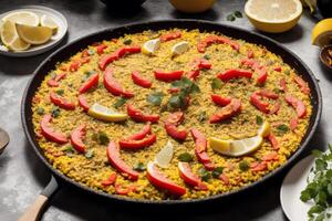 paella, tradicional espanhol prato fez com arroz, frango e vegetais, servido dentro uma frigideira. paella com frutos do mar. espanhol cozinha. generativo ai foto