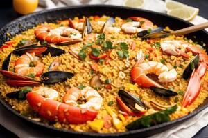 paella, tradicional espanhol prato fez com arroz, frango e vegetais, servido dentro uma frigideira. paella com frutos do mar. espanhol cozinha. generativo ai foto