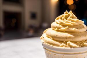 delicioso gelo creme dentro uma xícara, fechar-se, em a mesa. doce Comida. generativo ai foto