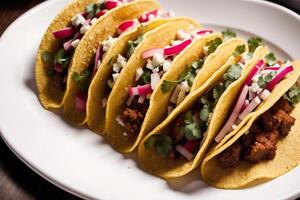 tradicional mexicano tacos com carne bovina, tomate, cebola e salsa. mexicano nachos generativo ai foto