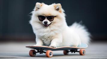 ai gerado legal branco cachorro pomerânia spitz dentro oculos de sol equitação uma skate baixa a rua engraçado animais de estimação generativo ai foto
