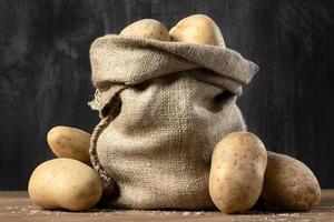 vista frontal de saco de estopa com batatas