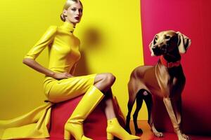 ai gerado mulher com weimaraner cachorro dentro futurista estilo foto