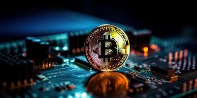 dourado bitcoin com computador o circuito fundo, criptografia moeda investimento conceito. generativo ai foto