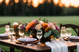 Casamento mesa configuração com flores e louça em a grama. ai generativo foto