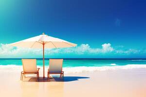 lindo de praia cadeira com guarda-chuva em a branco areia com ai gerado. foto