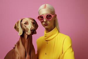 ai gerado mulher com weimaraner cachorro dentro futurista estilo foto