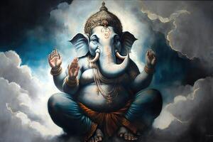 generativo ai ilustração do ganesha hindu Deus , com flores, óleo pintura ocupado acima para dentro paraíso, sentado dentro frente do bokeh mandala fundo foto