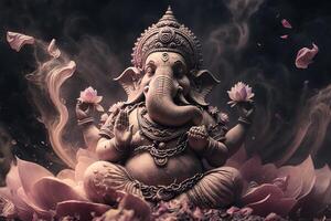 generativo ai ilustração do ganesha hindu Deus , com flores, óleo pintura ocupado acima para dentro paraíso, sentado dentro frente do bokeh mandala fundo foto