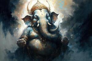 generativo ai ilustração do ganesha hindu Deus , com flores, óleo pintura ocupado acima para dentro paraíso, sentado dentro frente do bokeh mandala fundo foto