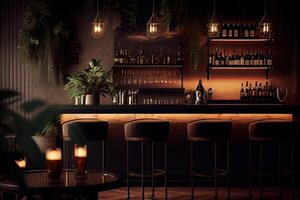 generativo ai ilustração do uma salão bar, este inclui elementos tal Como uma bem iluminado Barra contador, vinho copos, aceso velas e uma relaxado e acolhedor atmosfera foto