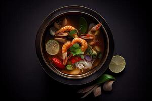 generativo ai ilustração do apetitoso tigela do tom yum sopa, picante tailandês sopa com camarão, frutos do mar, coco leite e Pimenta Pimenta dentro tigela cópia de espaço foto