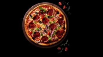 topo Visão delicioso pizza com texto espaço brincar fundo com generativo ai foto