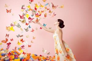 ai gerado mulher com borboletas, Primavera conceito foto