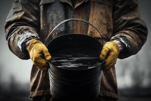 bruto óleo, uma homem detém uma balde cheio do Preto bruto óleo. óleo campo. generativo ai foto