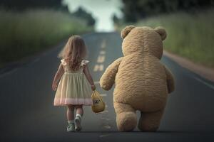 uma pequeno menina anda em baixa a estrada com uma Urso de pelúcia urso. generativo ai foto