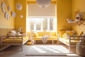 interior Projeto do uma crianças quarto para dois crianças uma Garoto e uma menina dentro amarelo. generativo ai foto