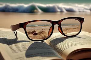 oculos de sol deitado em uma livro do pessoa em a arenoso de praia . generativo ai foto