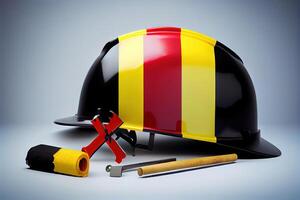 feliz trabalho dia. construção Ferramentas e capacete de segurança em bandeira do Bélgica. generativo ai foto
