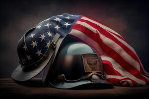 feliz trabalho dia, militares capacetes e americano bandeira em veteranos . generativo ai foto