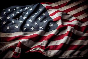 feliz trabalho dia, nos americano bandeira em desgastado Preto fundo. generativo ai foto
