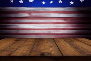 bandeira do a Unidos estados do América com de madeira mesa. feliz trabalho dia. generativo ai foto