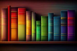 linha do velho livros em arco Iris prateleira. horizontal fundo cena. generativo ai foto