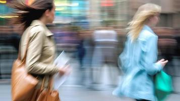 dois borrado dentro movimento mulheres com bolsas em cidade rua foto