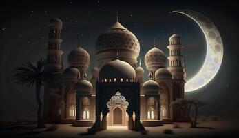 eid Mubarak fundo, mesquita dentro a luar às noite 3d ilustração, árabe lanternas, ai generativo. foto