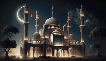 eid Mubarak fundo, mesquita dentro a luar às noite 3d ilustração, árabe lanternas, ai generativo. foto