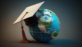 graduação boné com terra globo. conceito do global o negócio estudar, no exterior educacional, costas para escola. Educação dentro global mundo, estude no exterior o negócio dentro universidades dentro no mundo todo ai generativo foto