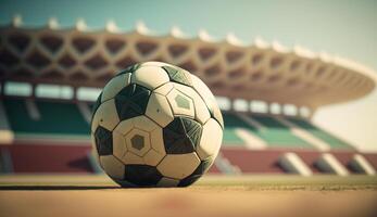 realista ilustração do uma futebol bola com uma ampla futebol estádio dentro a plano de fundo, generativo ai foto