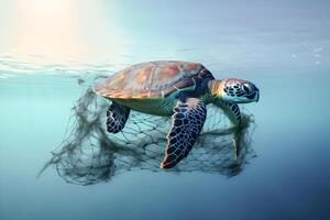 uma mar tartaruga é emaranhado dentro uma pescaria líquido. de Meio Ambiente proteção e plástico consciência conceito. generativo ai contente, foto