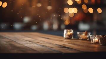 rústico elegância, produtos mostruário em de madeira de mesa com bokeh luzes. generativo ai foto