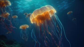 místico oceânico brilho, encantador medusa dentro embaixo da agua mundo. generativo ai foto