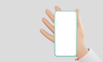 3d desenho animado mão segurando uma telefone com uma branco brincar isolado em branco fundo, para a usando Móvel telefone brincar apresentação. 3d render ilustração. foto