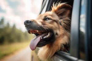 feliz cachorro parece Fora a partir de carro janela. estrada viagem com cachorro. generativo ai foto