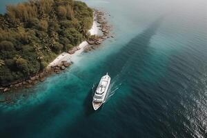 ampla cruzeiro navio dentro tropical panorama. turismo período de férias e verão viajando. generativo ai foto